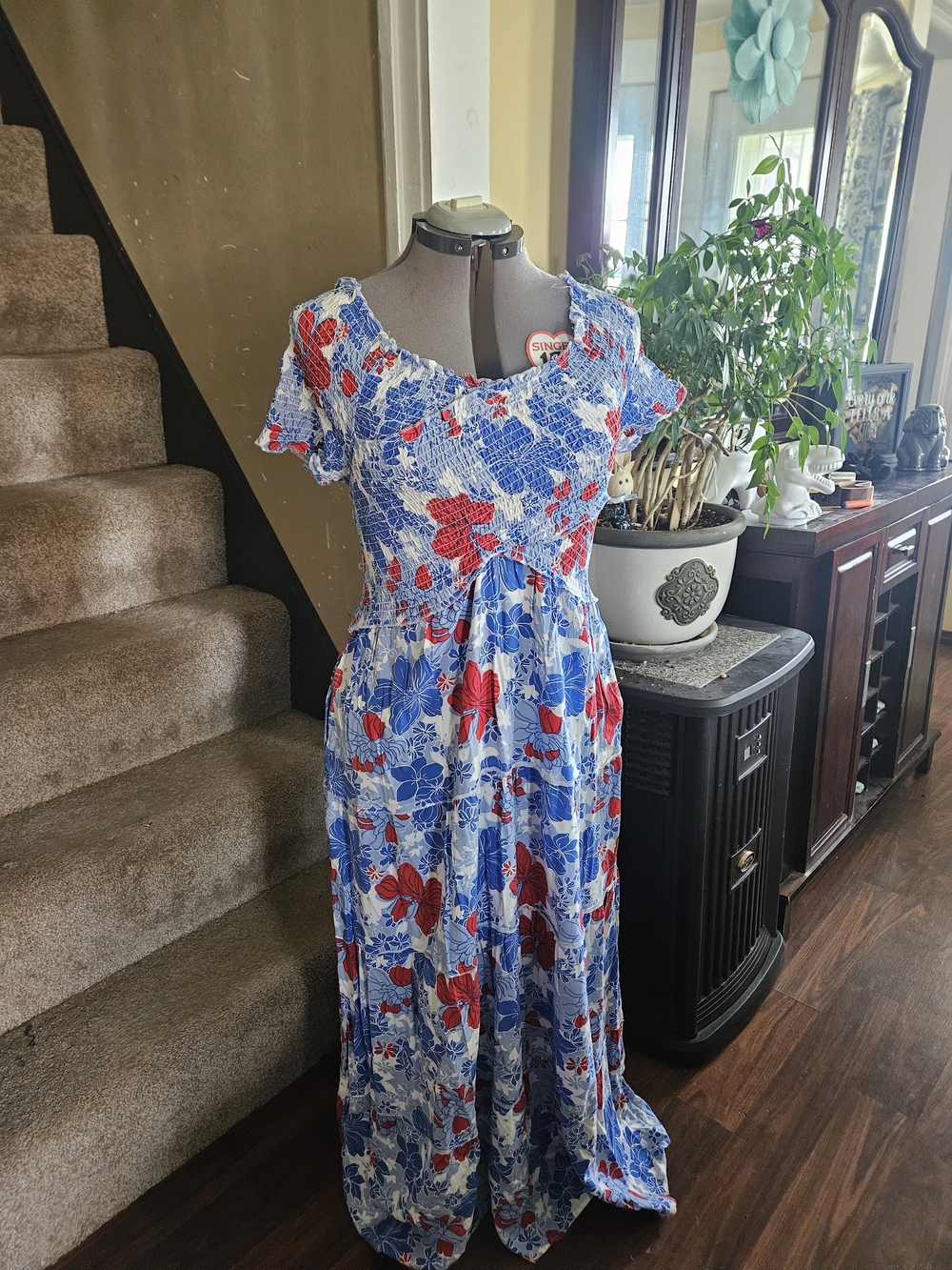 Jessica Simpson Blue and Red Floral Smocked Maxi Dress
